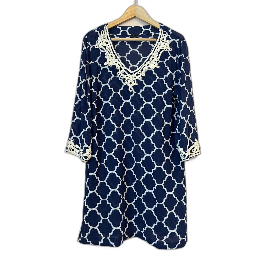 Lands End Swim Cover Up Medium 10/12 Embroidered Beach Navy Blue Resortwear Pool